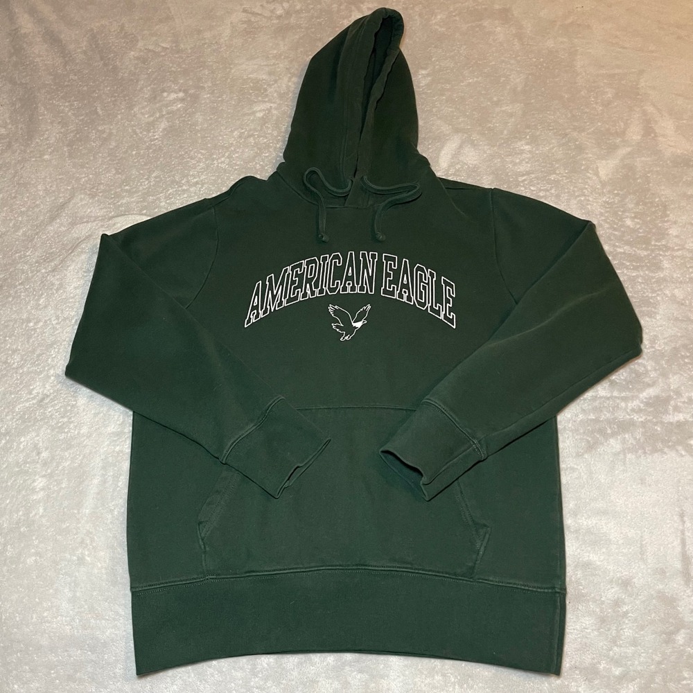 Vintage American Eagle Hoodie Mens Medium Green Graphic Logo Pullover Casual Y2K